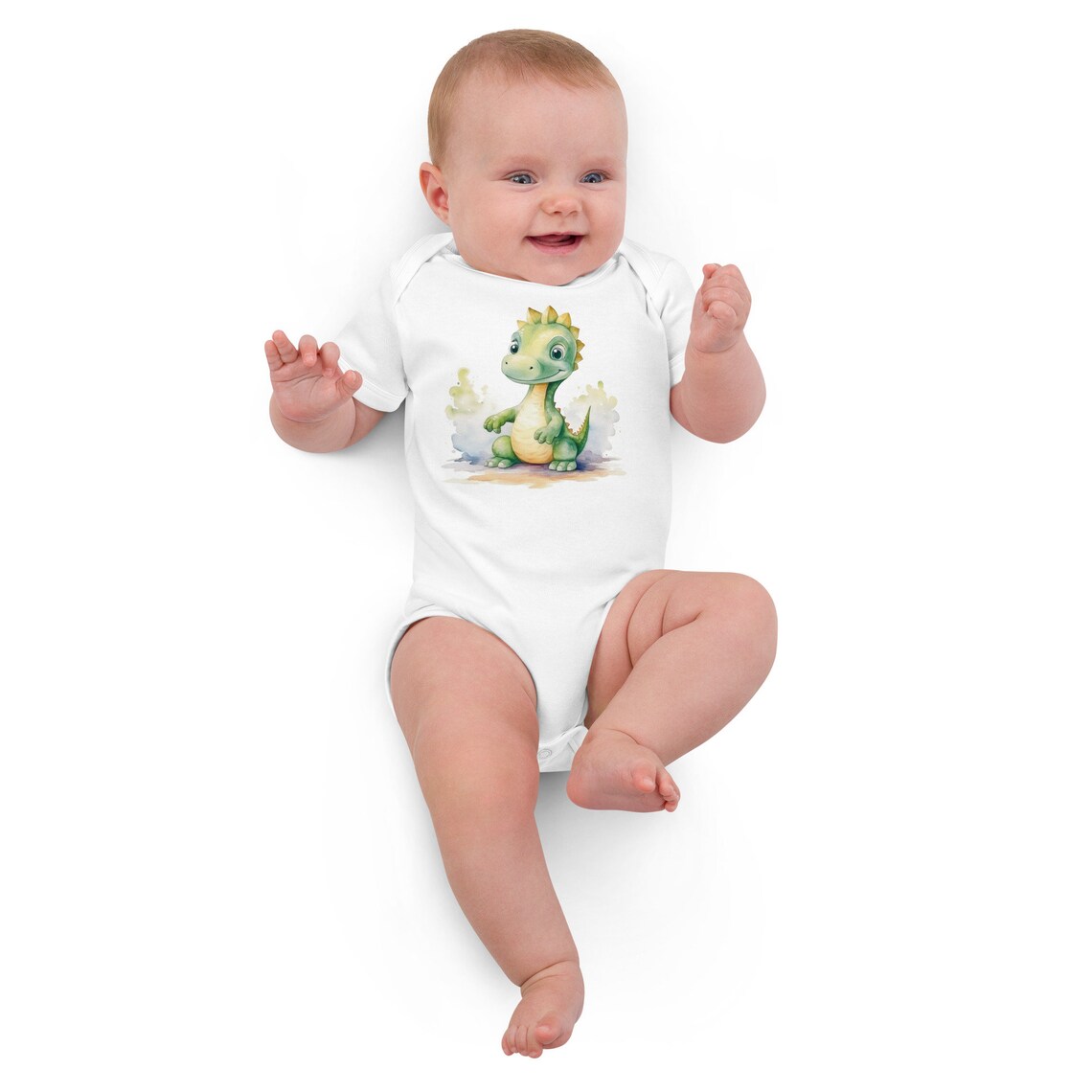 Baby Dinosaur Watercolor Design Shown On White Baby Onesie Print - Image 3