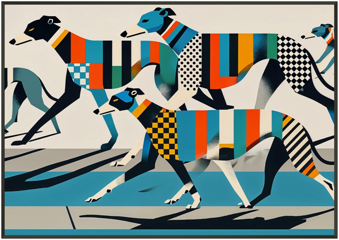 Running Greyhounds Bold Patchwork Geometric Dog Race Sweaters Poster