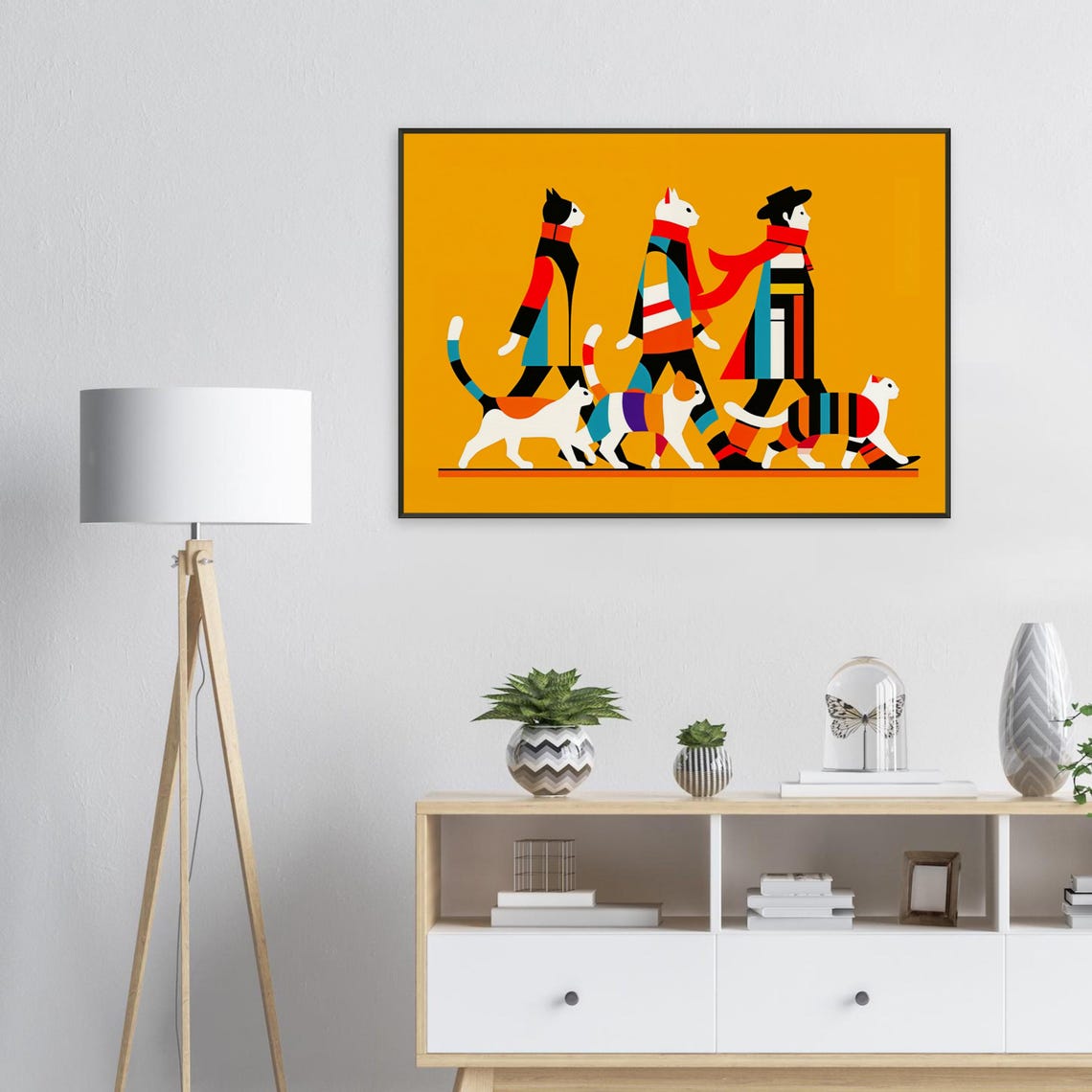 Man Walking Three Patterned Cats Orange Pop Art Cat Lover Poster - Image 2