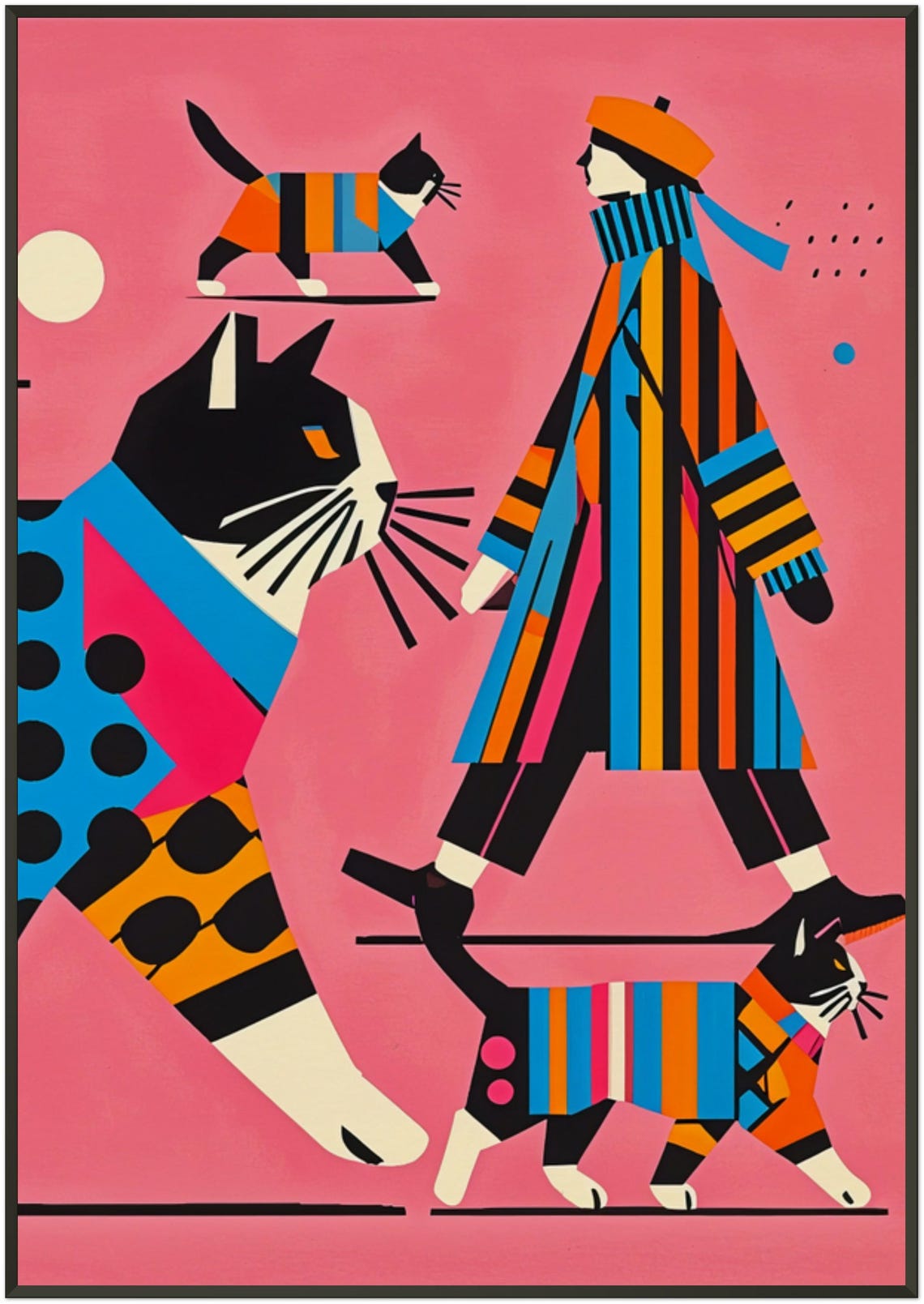 Women Strolling with Giant Patchwork Cat Pink Pop Art Poster - Image 5