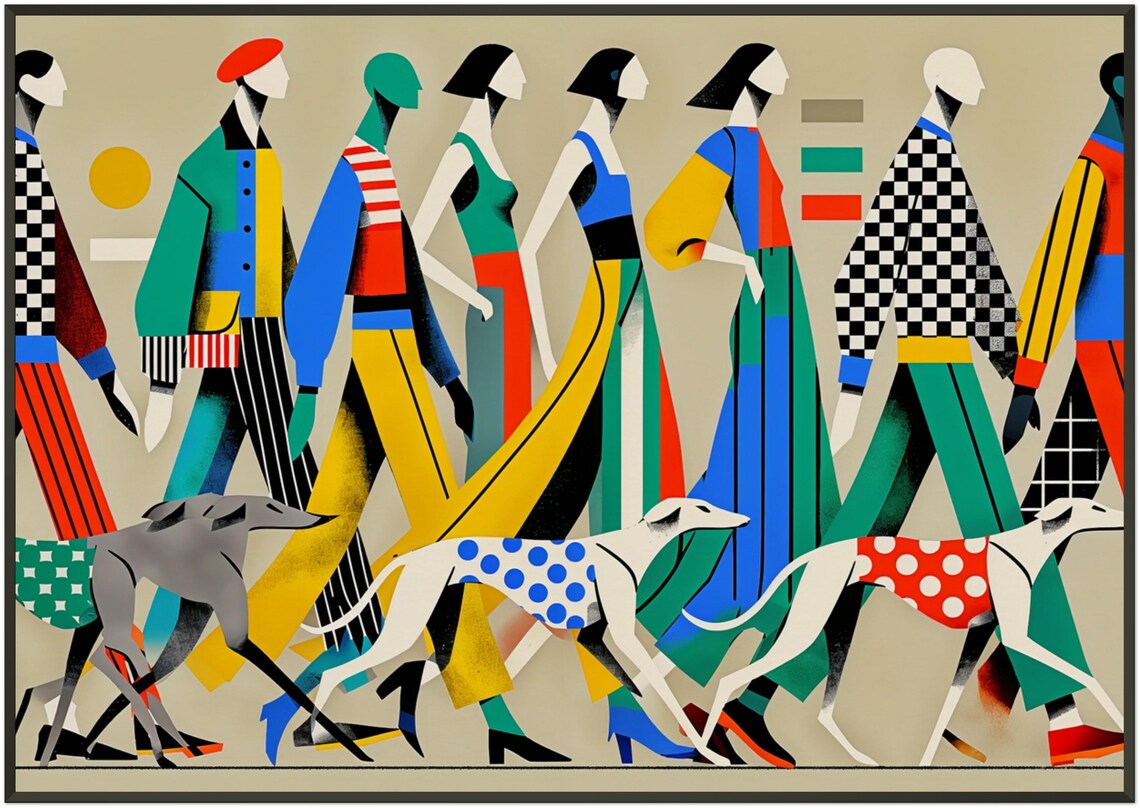 Dog Headed People Walking Greyhounds Surreal Whimsical Art Poster