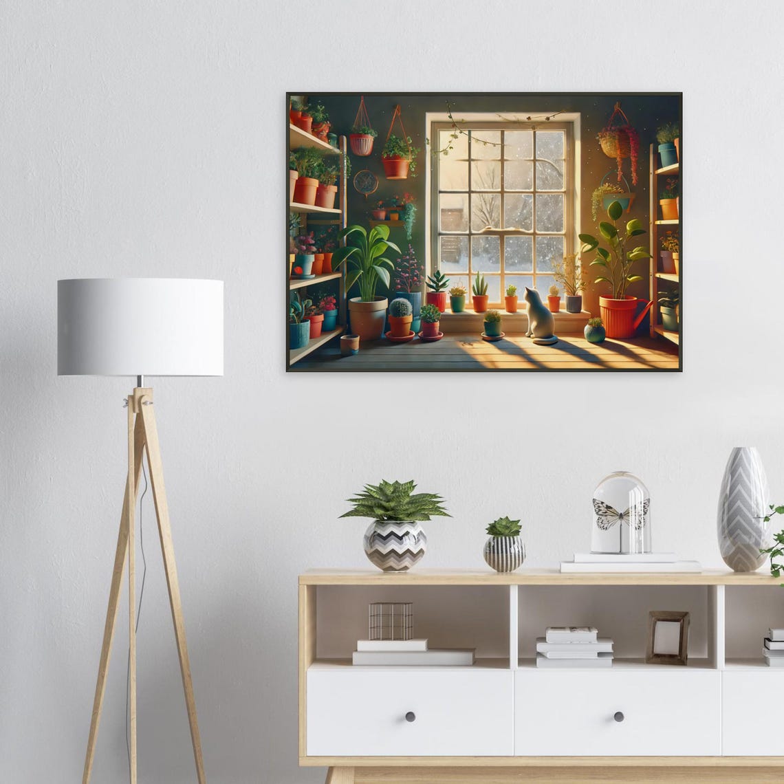 White Cat Winter Snowfall Window Houseplant Cozy Scene Poster - Image 2