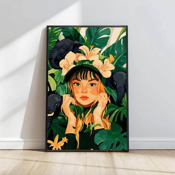 Lady With Elephants Jungle Bathroom Wall Art Tropical Maximalist Art Elephant Art House Warming Gift