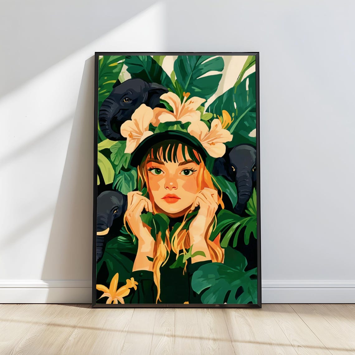 Lady With Elephants Jungle Bathroom Wall Art Tropical Maximalist Art Elephant Art House Warming Gift