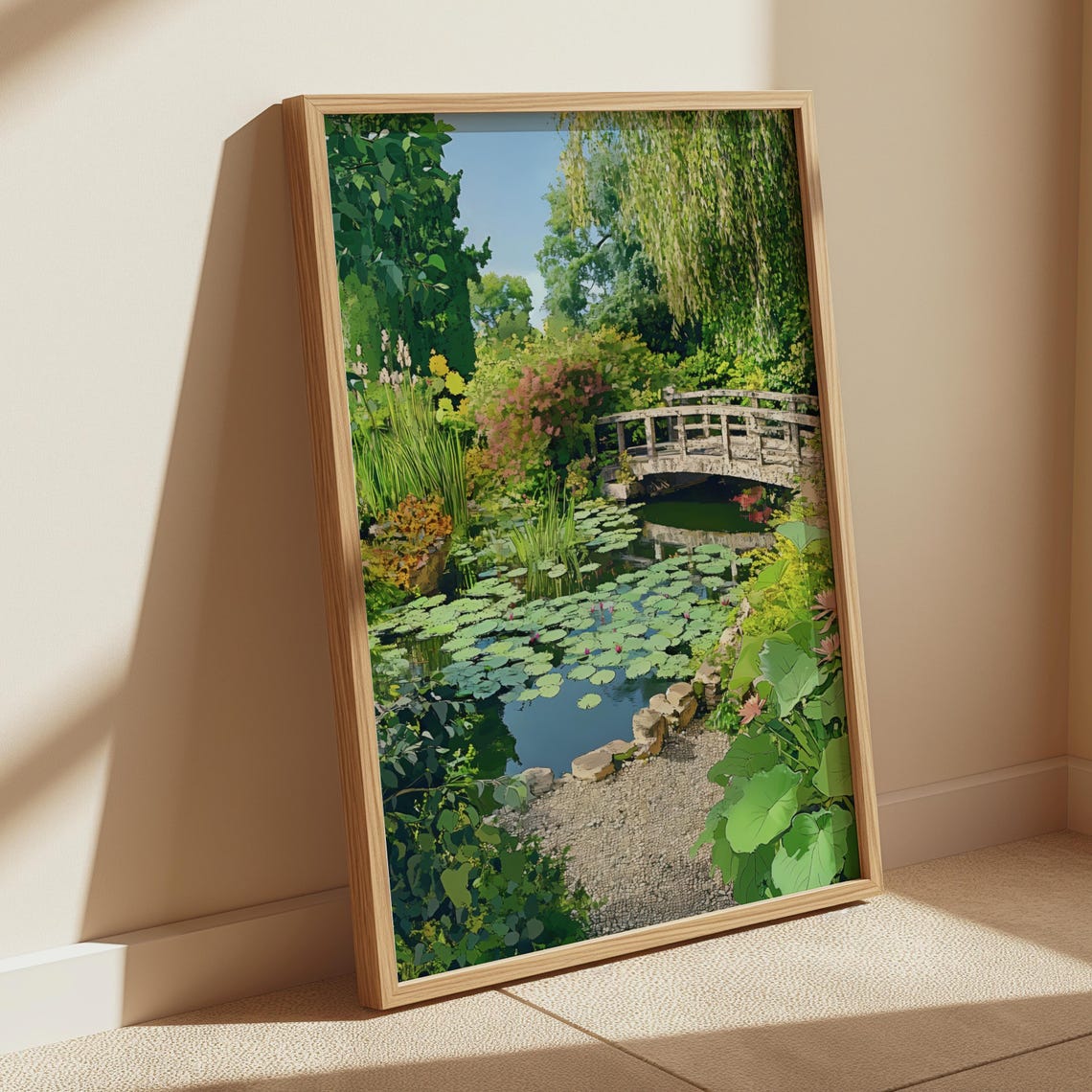 English Summer Garden Stone Bridge Lily Pond Illustration Poster - Image 3