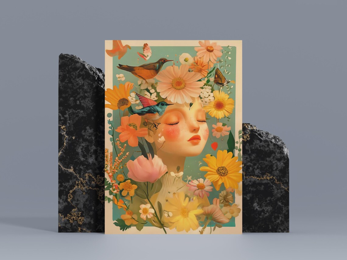 Vintage Floral Lady Portrait Butterflies Blooms Retro Boho Poster - Image 2