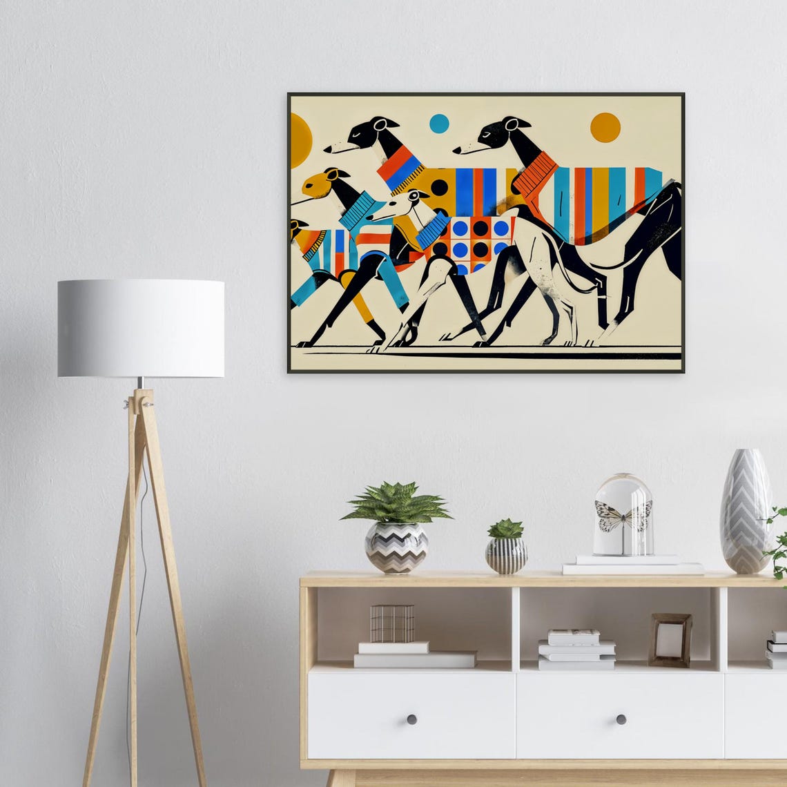 Trio of Greyhounds Colorful Patchwork Geometric Pattern Dog Poster - Image 2