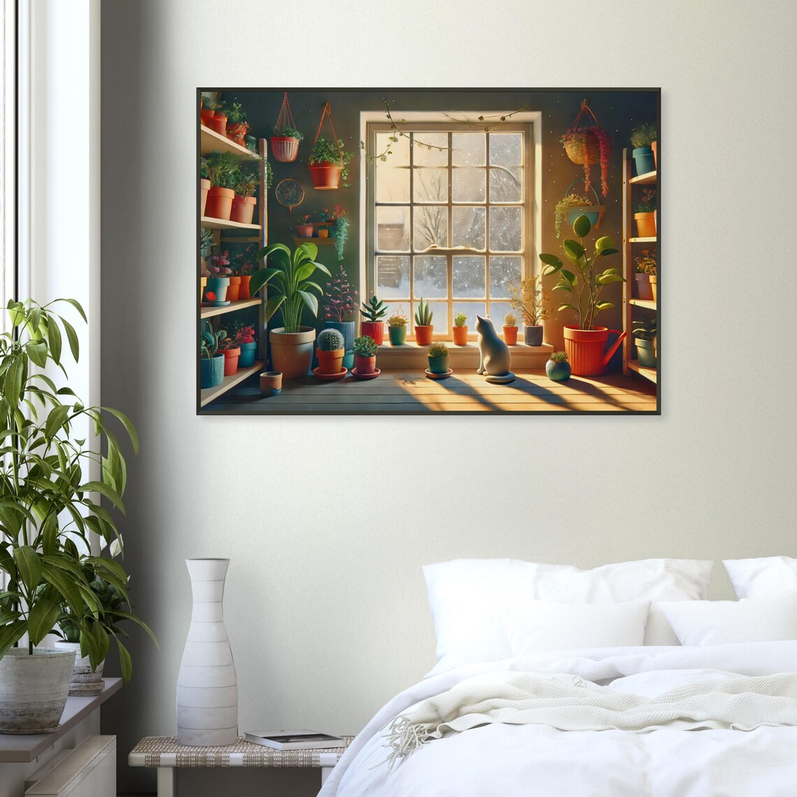White Cat Winter Snowfall Window Houseplant Cozy Scene Poster - Image 4