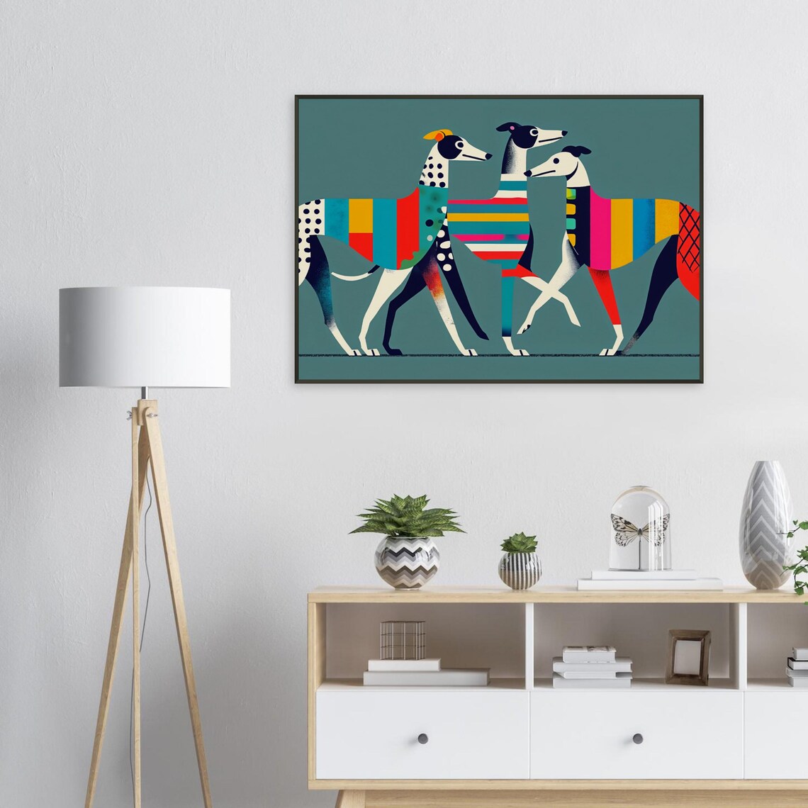 Three Greyhounds Strolling Polka Dot Stripes Playful Dog Art Poster - Image 2