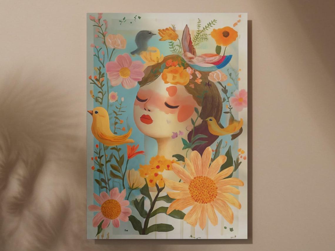 Vintage Floral Lady Portrait Songbirds Printable Digital Art Poster - Image 5