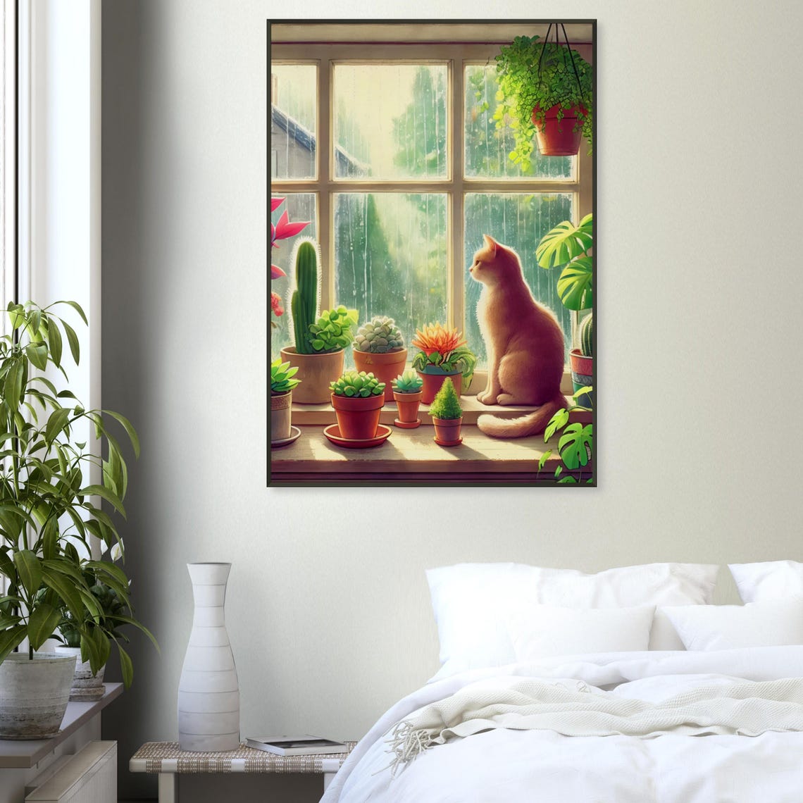 Ginger Cat Watching Rain Windowsill Plants Illustration Poster - Image 3