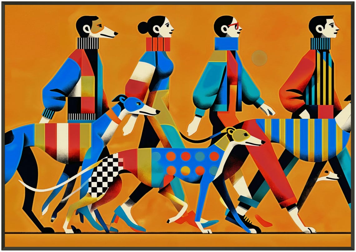 Greyhound Walk Orange Backdrop Geometric Modern Dog Art Poster