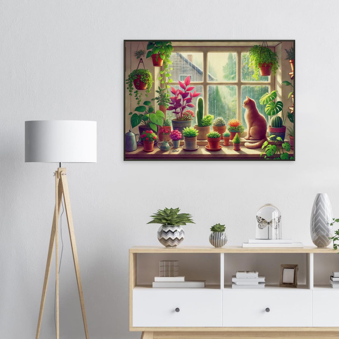 Ginger Cat Watching Rain Windowsill Plants Illustration Poster - Image 2
