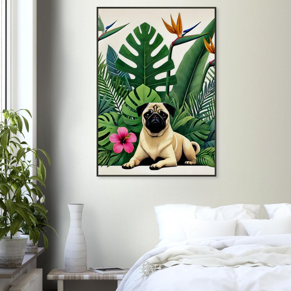 Cute Fawn Pug Tropical Botanical Garden Colorful Flower Poster - Image 3