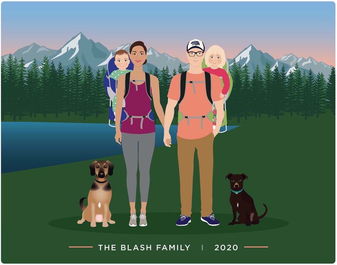 Personalized Family of Five with Dog Illustration Portrait Poster - Image 4