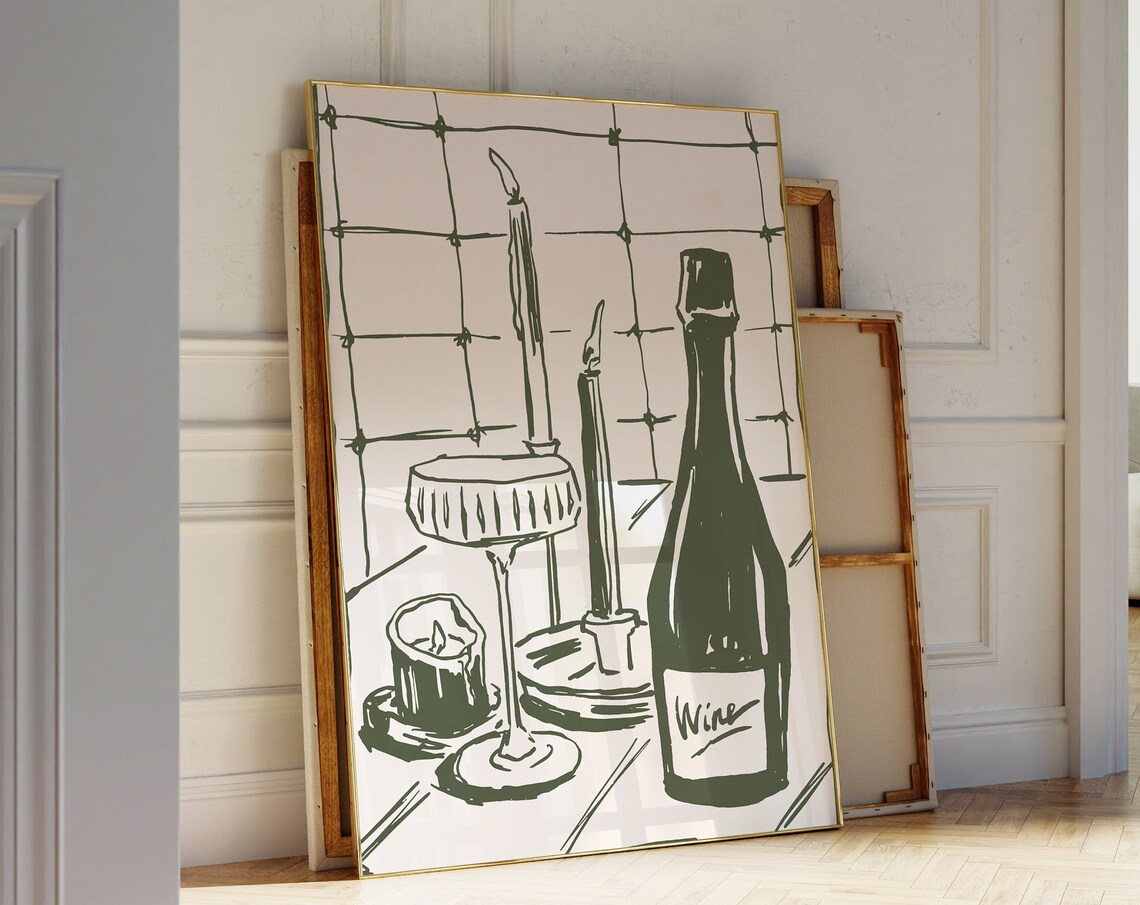 Green Hand Drawn Cocktail Print, Retro Minimalist Decor