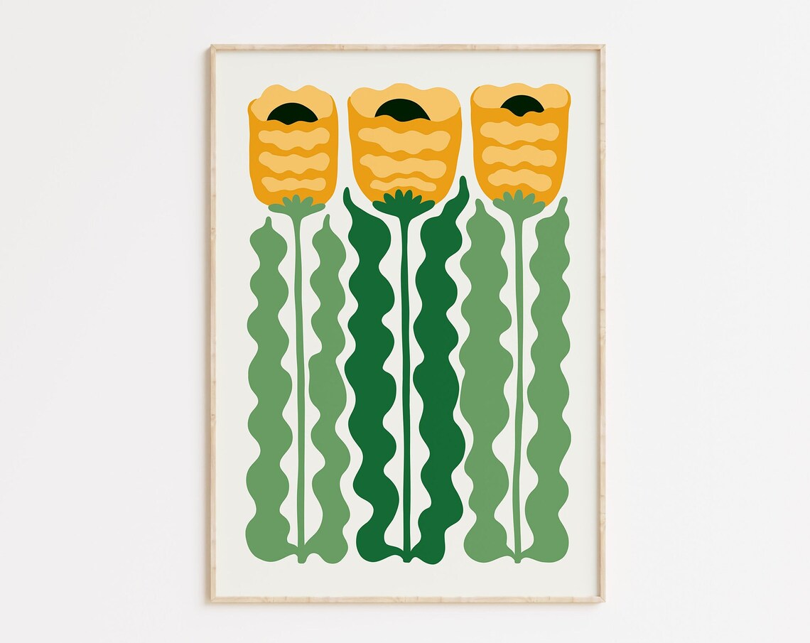 Golden Yellow Poppies Wavy Green Stems Retro Botanical Poster