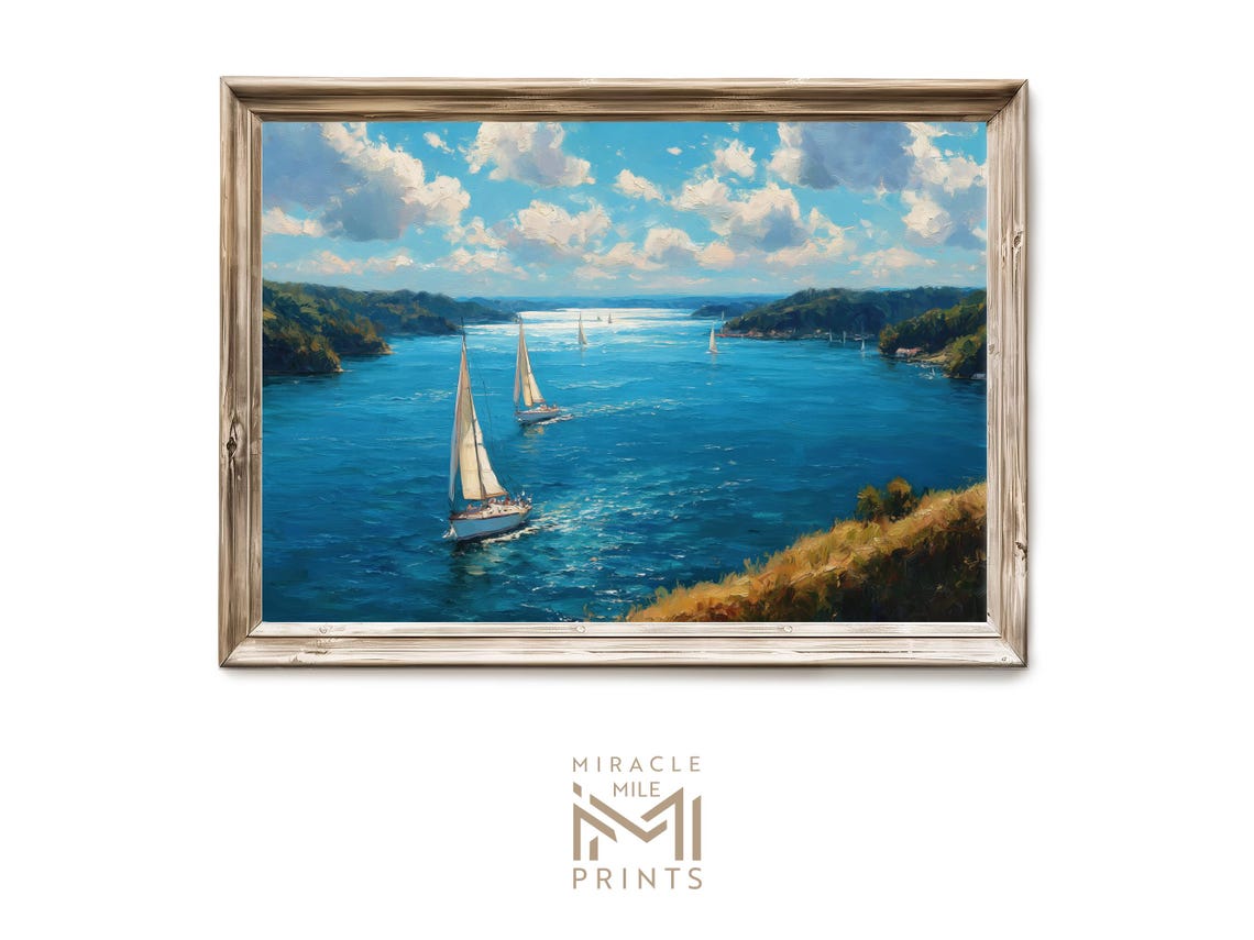 Sailboats on Bright Blue Water Summer Sailing Painting Poster