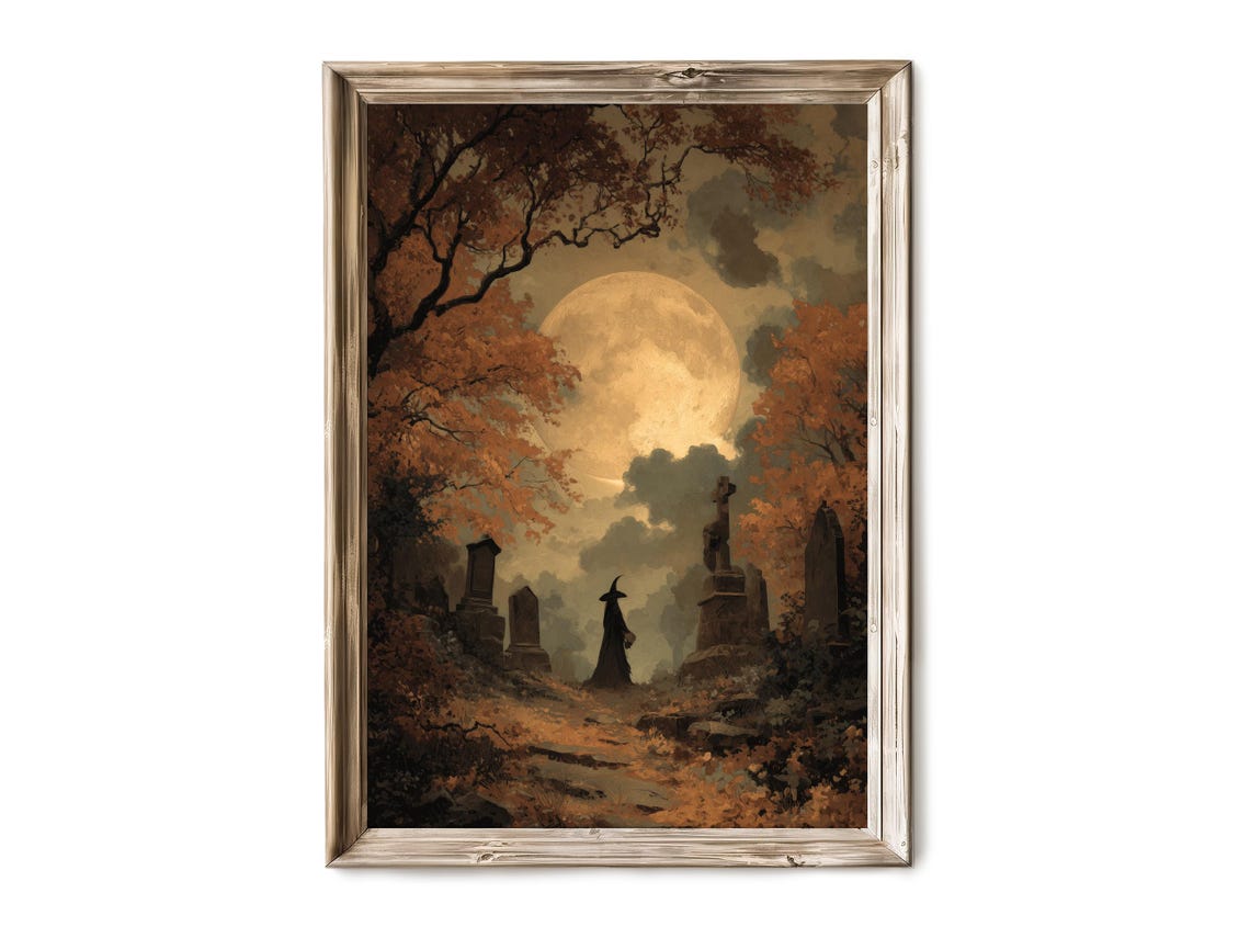 Autumn Graveyard Witch Under Full Moon Dark Halloween Art Poster