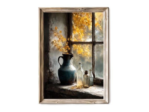 Fall Rustic Cottage Window Wall Art Autumn Still Life With Yellow Leaves Moody Vintage Decor Artful Print V 437