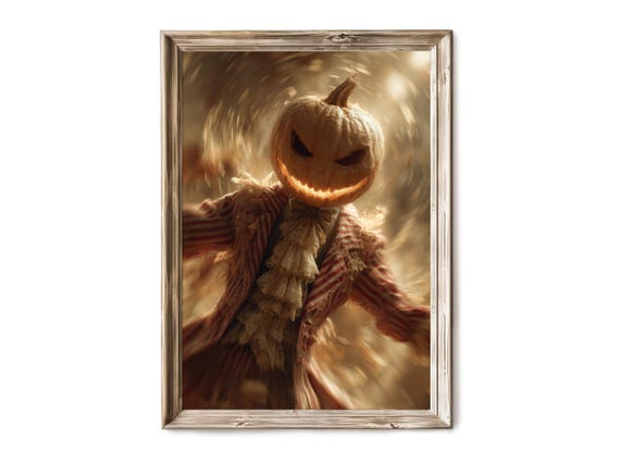 Halloween Wall Art Grinning Pumpkinhead Scarecrow In Motion Creepy Fall Decor Ultrarealistic Spooky Jackolantern 315