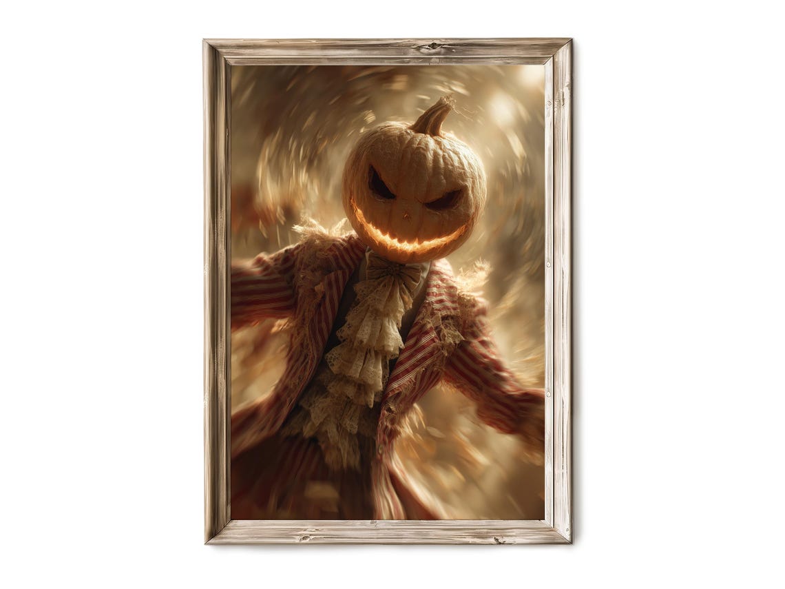 Grinning Pumpkinhead Scarecrow Blue Mist Spooky Halloween Poster