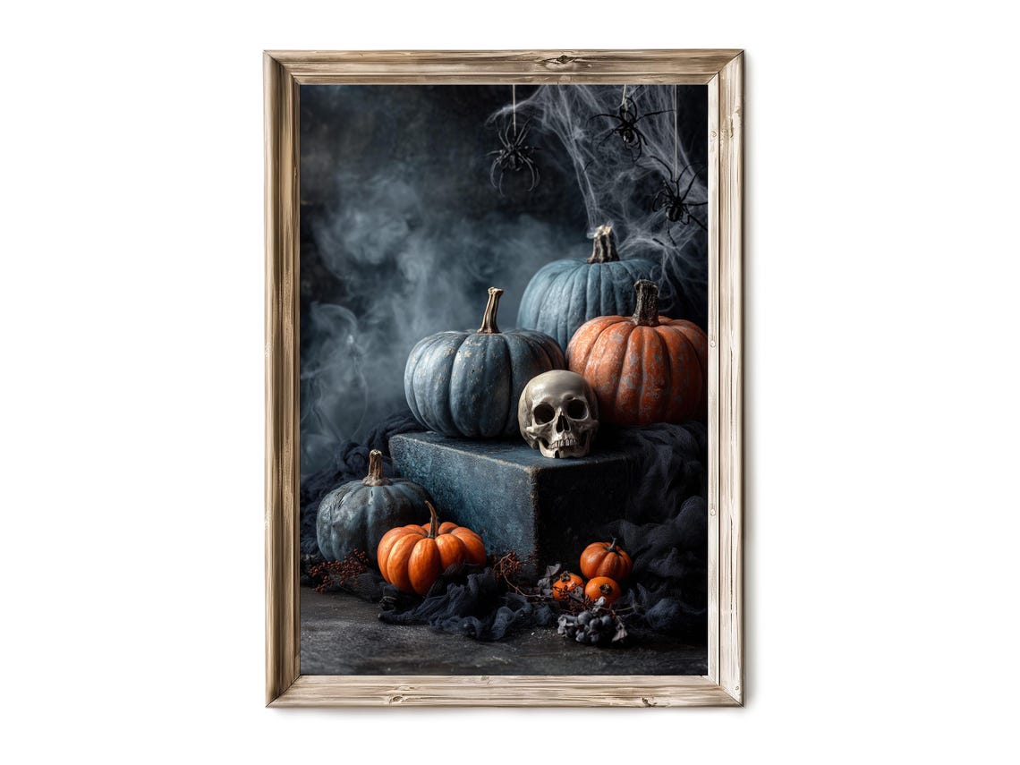 Halloween Wall Art Haunted Child Scene With Jackolanterns Dark Academia Decor Vintage Spooky Print 238