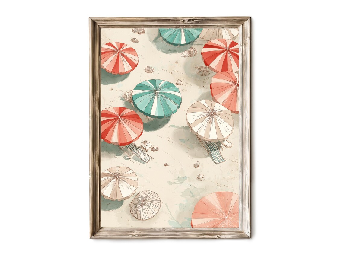 Sunny Aerial Beach Umbrellas Coastal Watercolor Sand Scene Poster