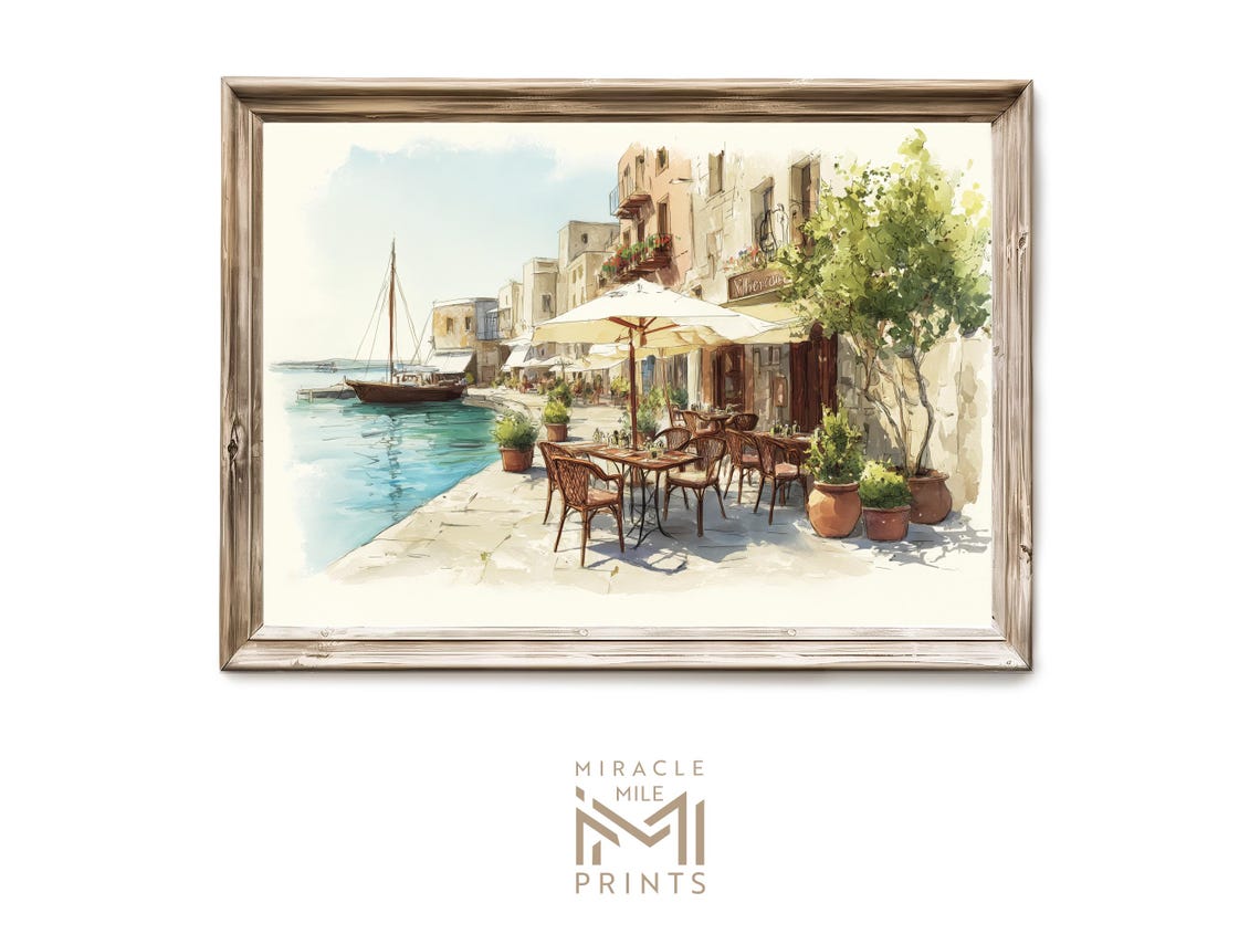 Mediterranean Coastal Cafe Terrace Umbrellas Watercolor Art Poster
