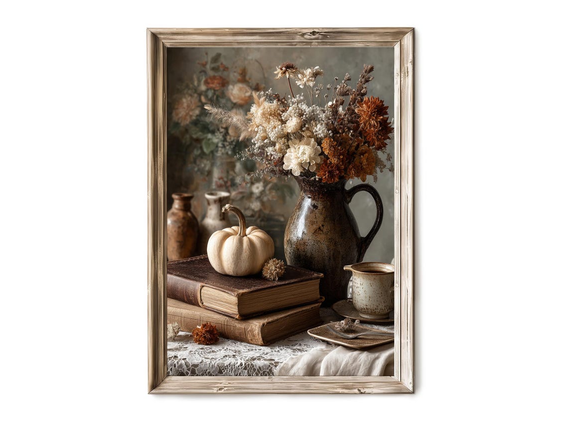 Rustic Autumn Still Life With Pumpkin Old Books Dried Flowers Wall Art