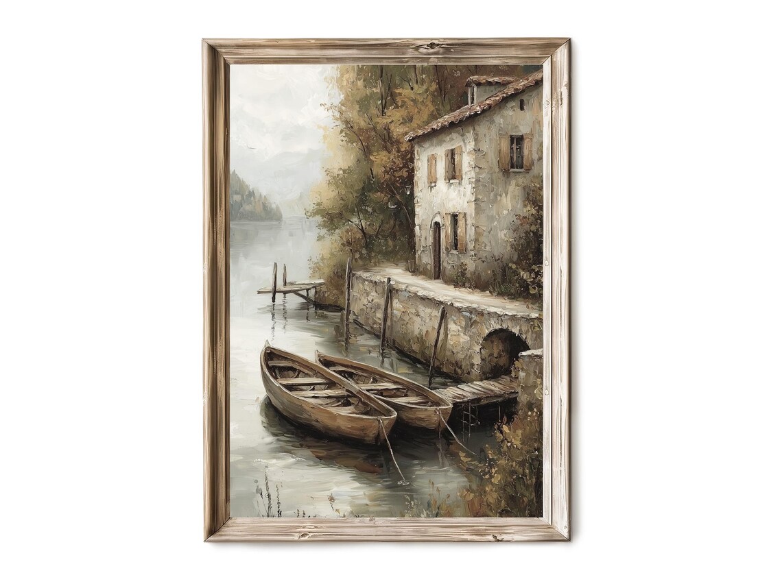 European Lakeside Stone House Wooden Boats Vintage Oil Painting Poster