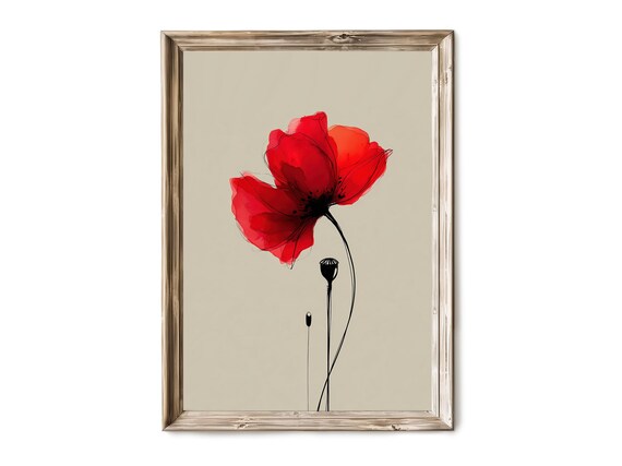 Bold Red Poppy Minimalist Watercolor Botanical Flower Art Print