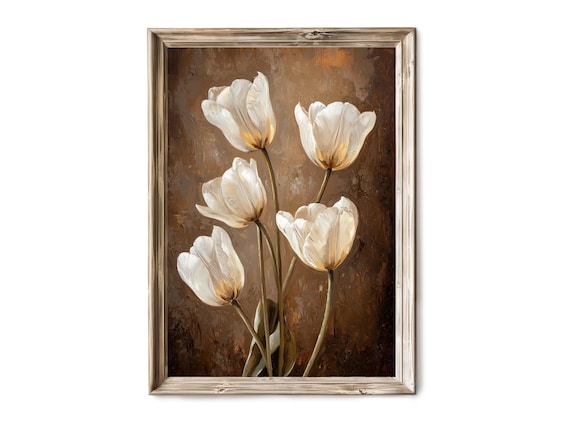 White Tulips Vintage Oil Painting Rustic Floral Still Life Poster