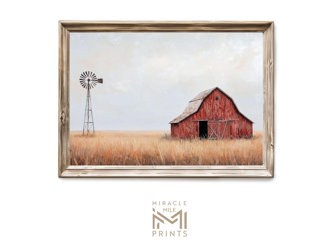 Red Barn Windmill Golden Field Rustic Country Painting Poster