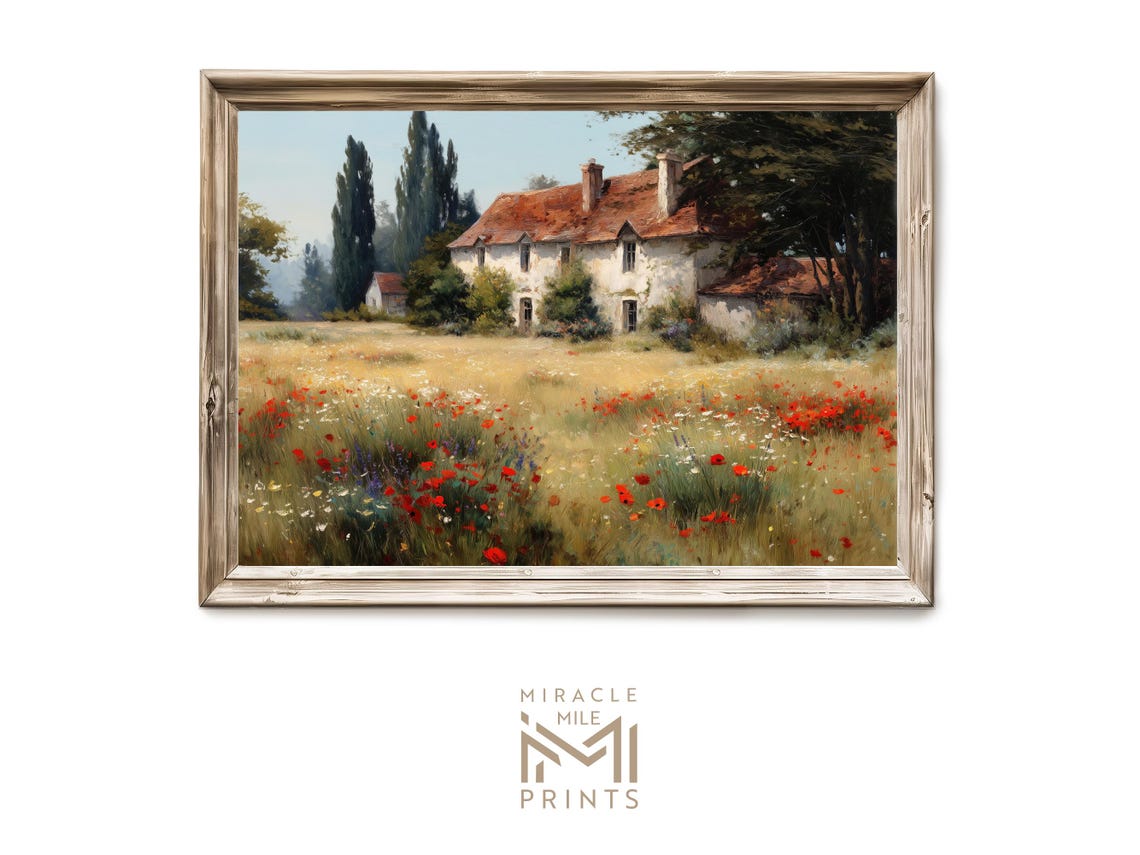 Farmhouse Poppy Field Oil Painting Rustic Countryside Poster