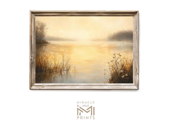 Spring Pond Sunset Wall Art Vintage Oil Painting Serene Nature Decor For Home Farmhouse Cottage