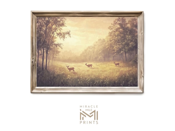 Vintage Deer Meadow Wall Art Rustic Oil Painting Golden Hour Landscape Decor For Home Cabin Farmhouse Gift