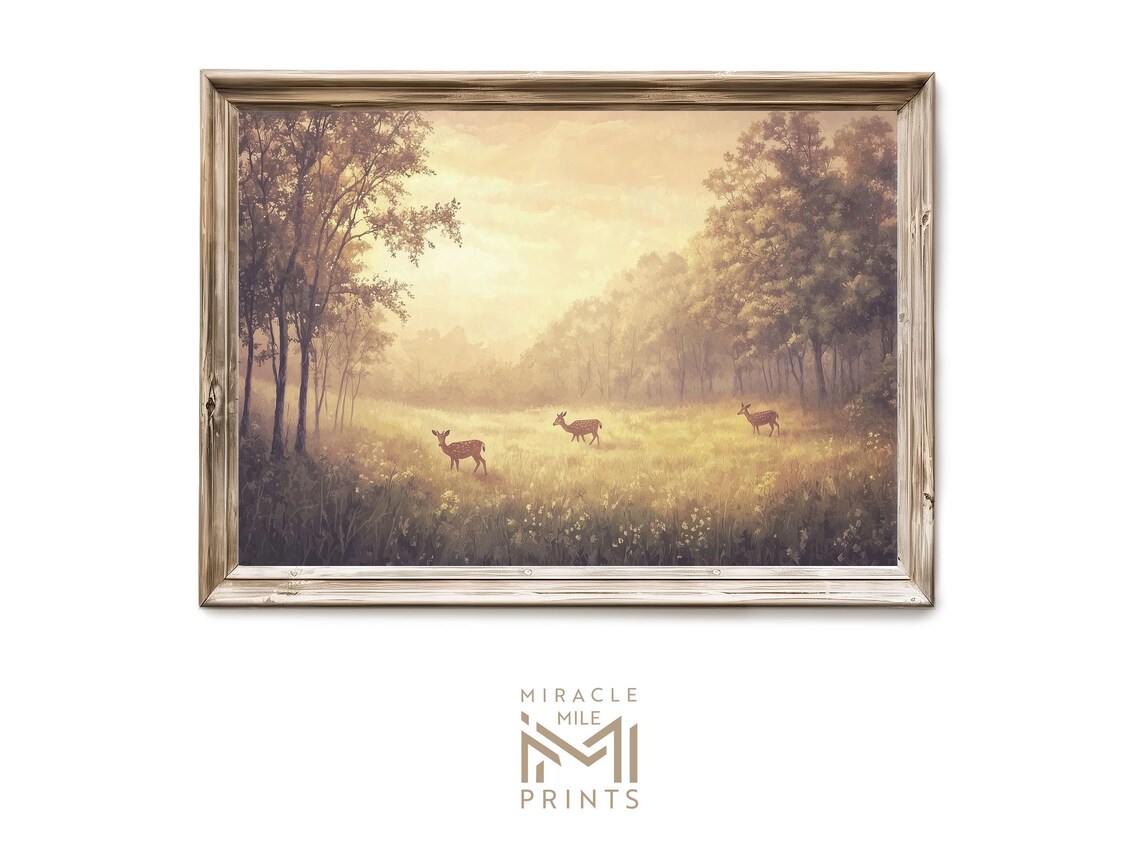 Three Deer In Misty Golden Meadow Vintage Rustic Painting Poster