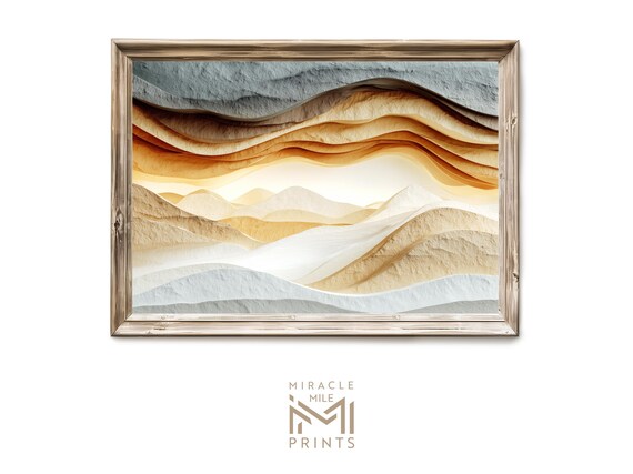 Layered Paper Cut Waves Neutral Dunes Beige Blue Abstract Art Poster