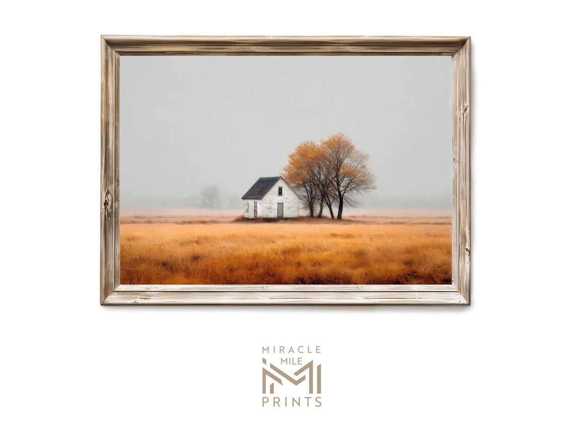 Lonely White Farmhouse Golden Autumn Field Foggy Morning Poster