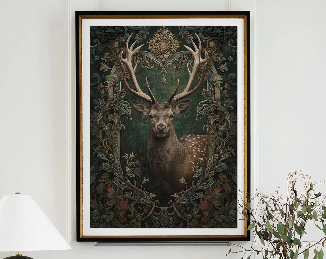 Spotted Deer Stag Head Dark Ornate Baroque Frame Portrait Poster