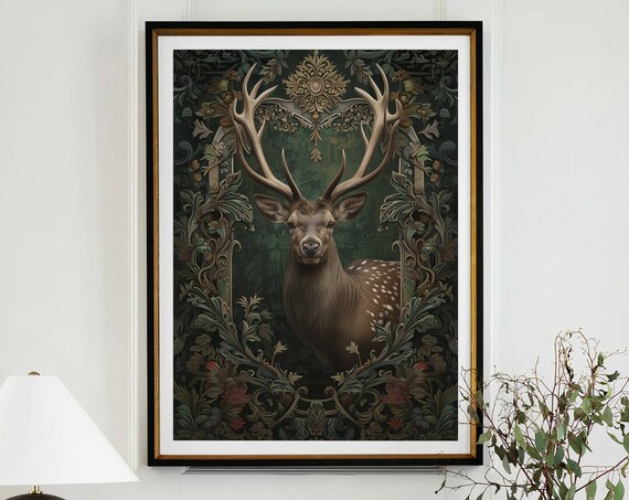 Spotted Deer Stag Head Dark Ornate Baroque Frame Portrait Poster