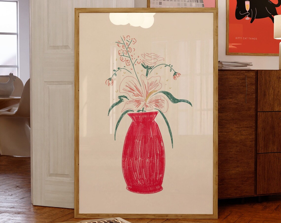 Hand Drawn Bouquet Of Flowers In Red Vase Minimalist Art Poster
