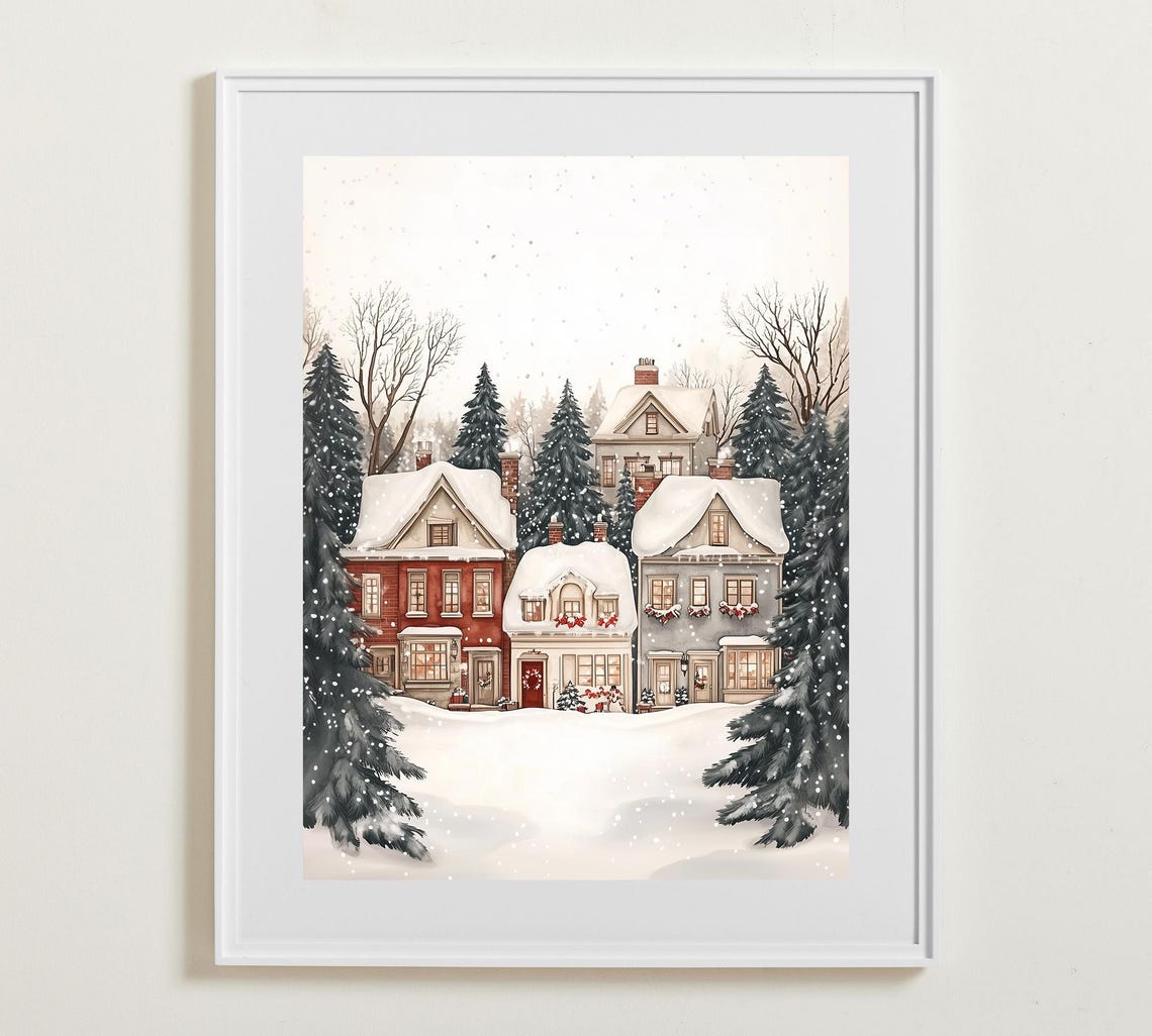 Cozy Snowy Neighborhood Homes in Soft Winter Snowfall Art Poster