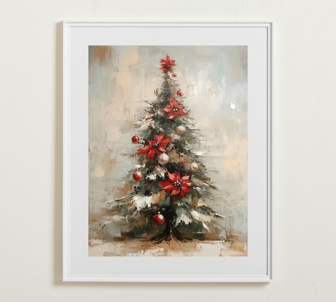Small Christmas Tree with Red Poinsettias Painterly Style Poster