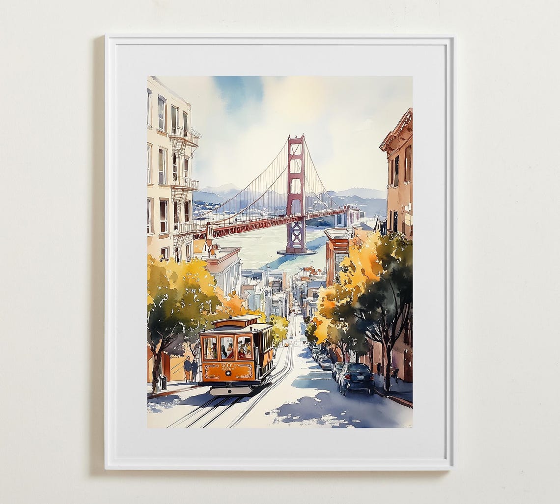 San Francisco Golden Gate Bridge with Cable Car Watercolor Poster