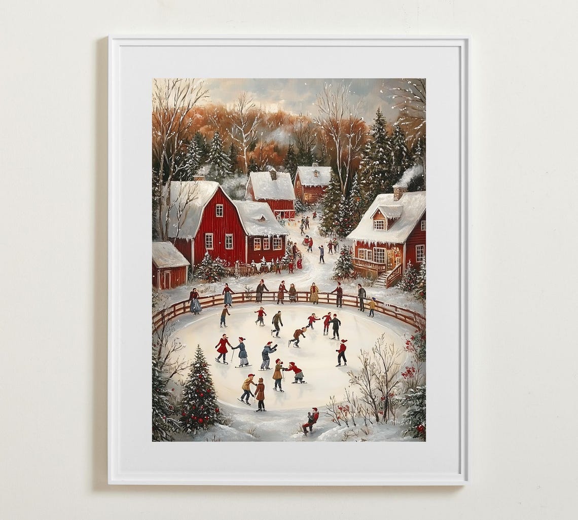 Country Ice Skating Pond by Red Barns Vintage Winter Scene Poster