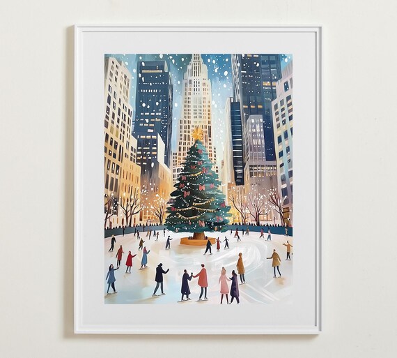City Christmas Tree with Star Above Ice Skating Rink Winter Poster
