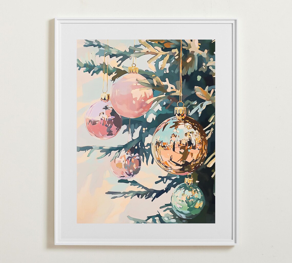Pastel Christmas Baubles On Tree Branch Holiday Ornament Poster