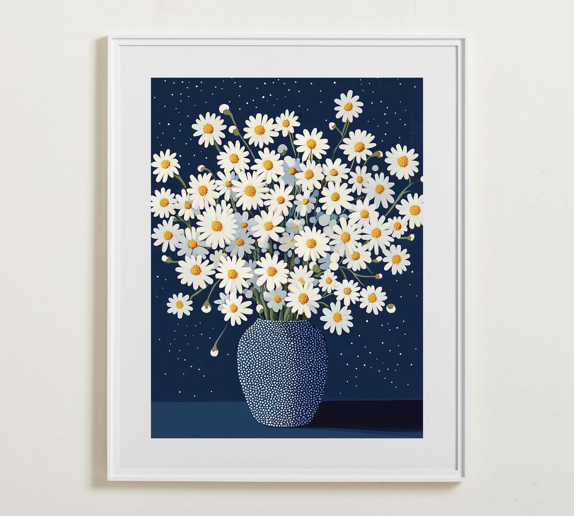 White Daisies In A Blue Speckled Vase On Navy Background Poster